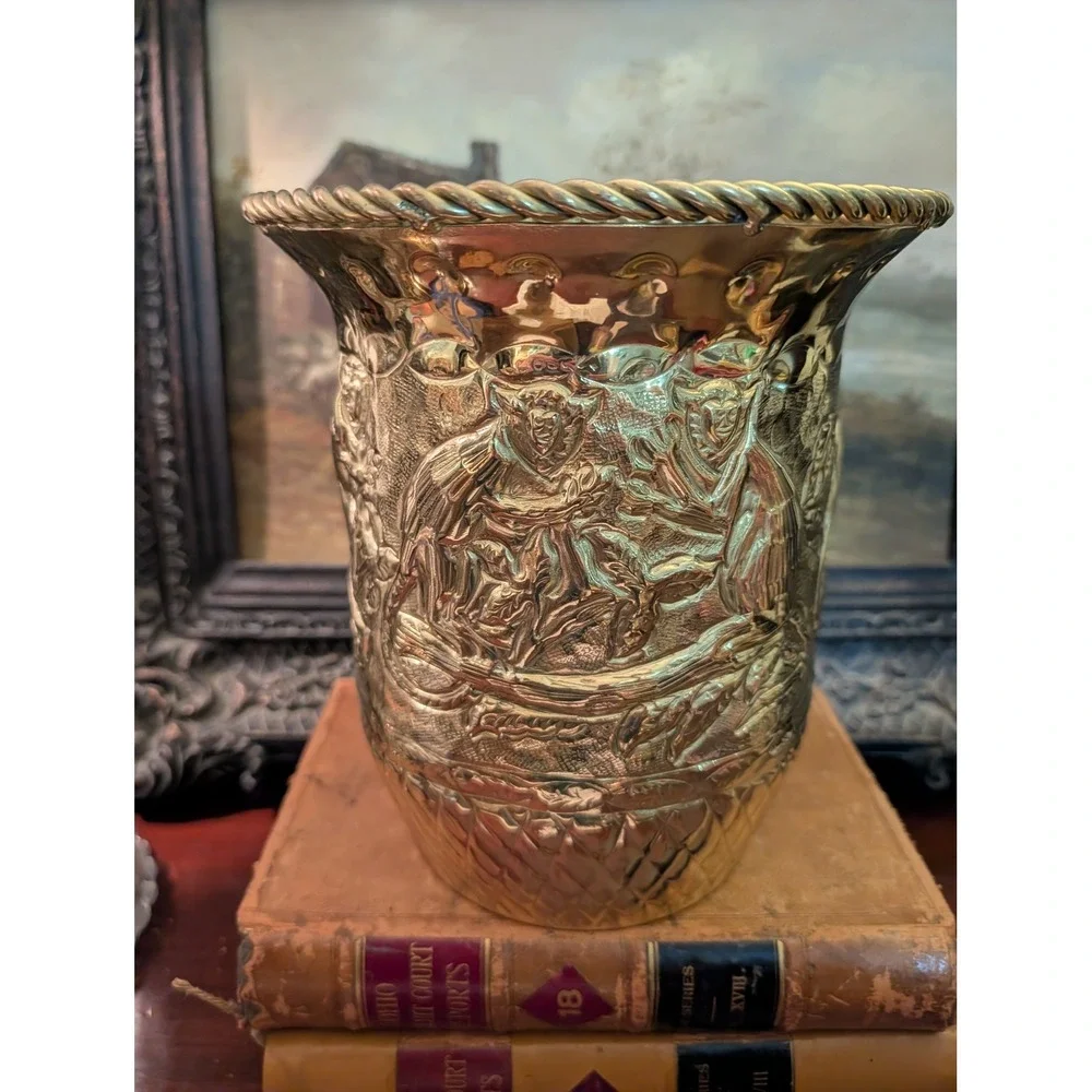 Vintage Embossed Brass Planter Tavern Scene Made in India 9x7.5 Twisted Rope Rim